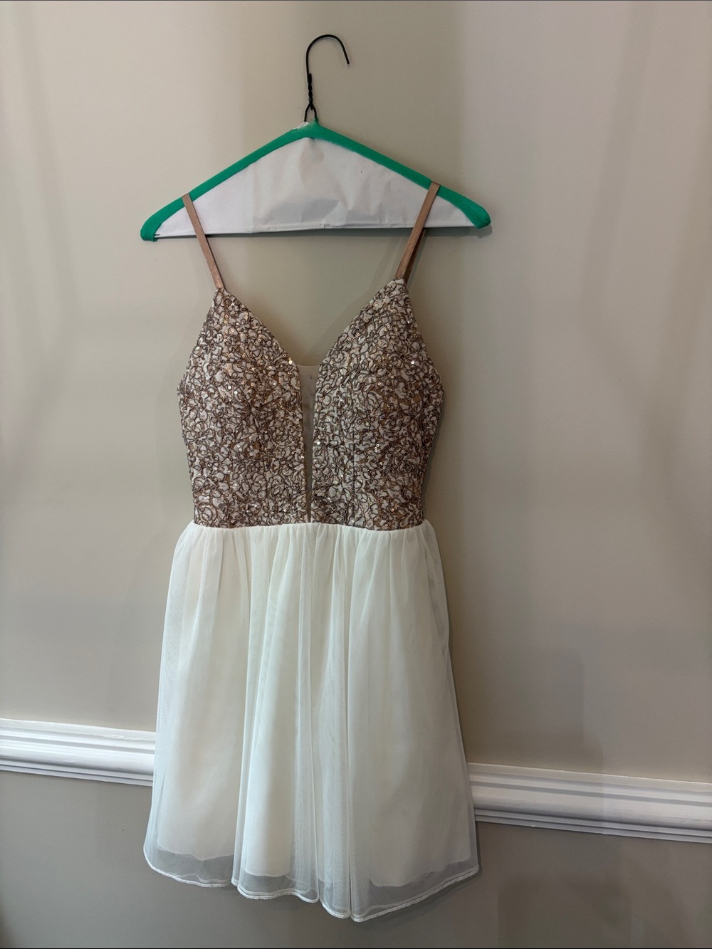 Xtraordinary Gold Sequin Bodice Cream Tulle Mini Dress